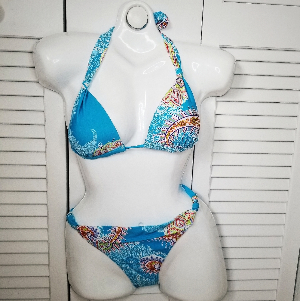 New Blue 70s Flower Pattern Bikini Medium